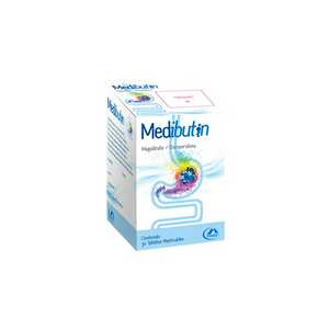 Medibutin 800 mg / 10 mg caja con frasco con 30 tabletas masticables